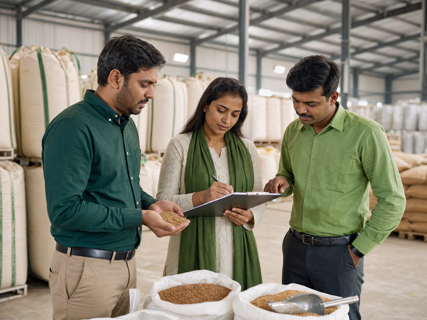 Ajitnath Agro team reviewing grain quality at an organized warehouse